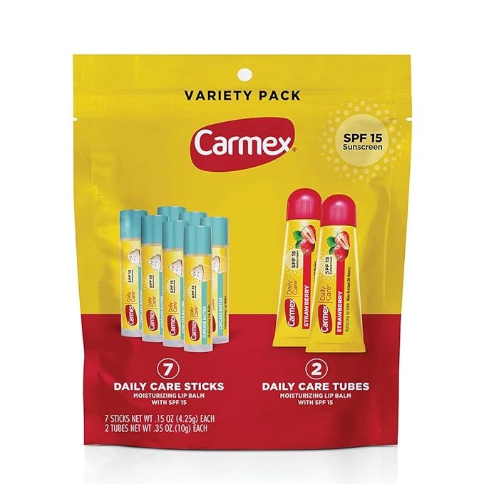 Carmex Daily Care Moisturizing Lip Balm Pack, SPF 15, Strawberry & Cupcake Batter Flavor Variety Pack Bag, 9 Count (7 Sticks, 2 Tubes)-Velvo Beauty