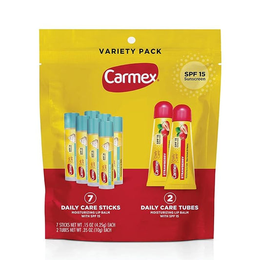 Carmex Daily Care Moisturizing Lip Balm Pack, SPF 15, Strawberry & Cupcake Batter Flavor Variety Pack Bag, 9 Count (7 Sticks, 2 Tubes)-Velvo Beauty