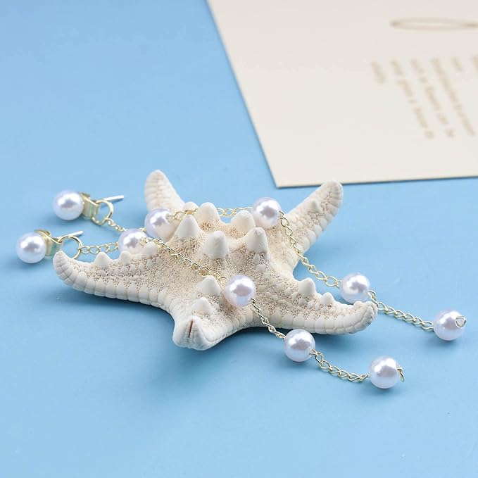 Boho Pearl Dangle Earrings Gold Pearl Drop Stud Earrings Long Pearl Tassel Earrings Vintage Pearl Linear Earrings Jewelry for Women and Girls-Velvo Beauty