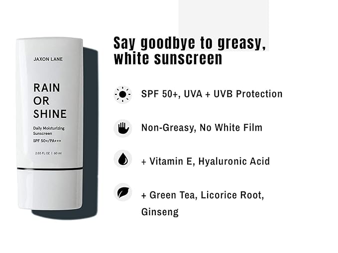 RAIN OR SHINE Anti Aging Face Sunscreen SPF 50 for Clear Skin with Green Tea, Hyaluronic Acid, Vitamin E Oil, Ginseng Extract, Licorice Root – SPF Moisturizer for Face, Fragrance Free 2.03 Oz-Velvo Beauty