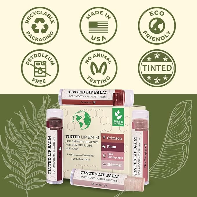 Tinted Lip Balm by Earth’s Daughter – 4 Pack of Assorted Colors – Beeswax, Coconut Oil, Cocoa Butter, Vitamin E – Moisturize and Beautify – Paraben Free-Velvo Beauty