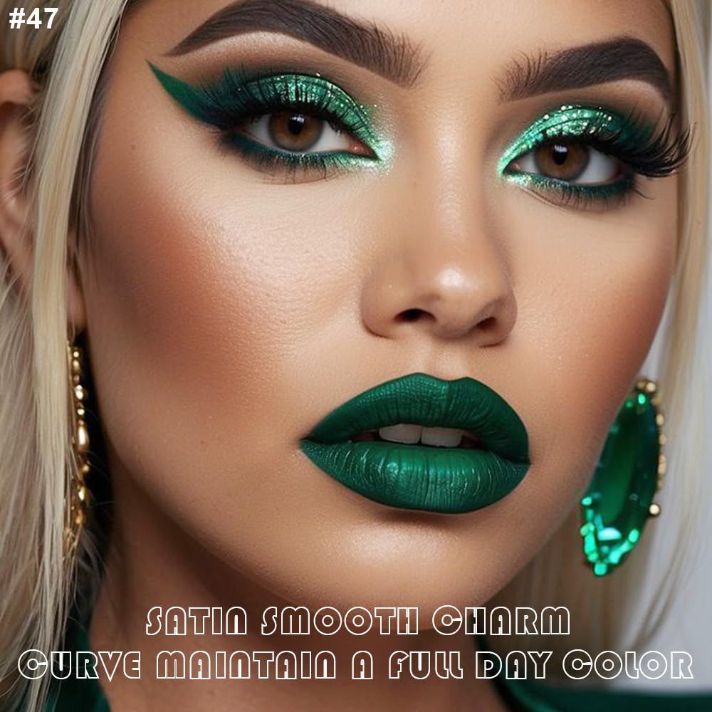 evpct 2Pcs Emerald Green Shimmer Glitte Liquid Lipstick Lip Gloss Stain and Retractable Lip Liner Makeup Set for Women Long Lasting Waterproof 24 Hours Lipstick labial mate larga duracion 24 47#-Velvo Beauty