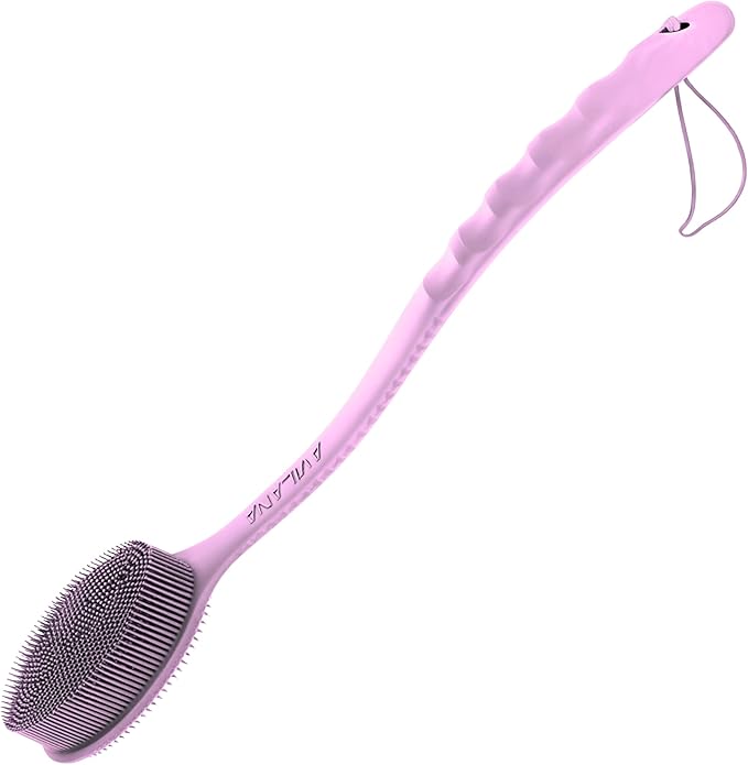 Avilana Silicone Body Scrubber – Gentle Shower Brush & Loofah Alternative- Food Grade & Lab Tested – Fast-Drying, Hygienic, BPA-Free Silicone Body Gentle Exfoliator (Pink, Long Handle)-Velvo Beauty