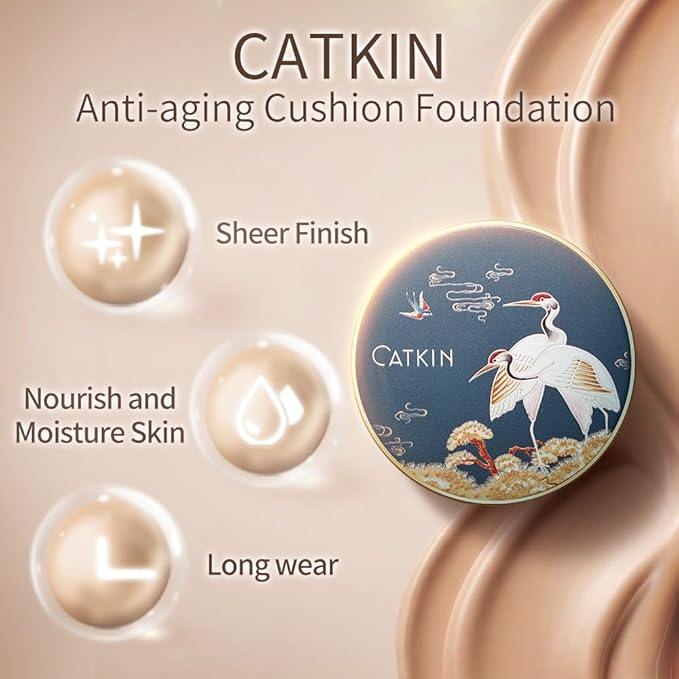 Catkin Phoenix Cushion Foundation Buildable Coverage Anti-Aging Serum Makeup, Sheer Satin Finish, Refill Included, Light Beige 0.46 Oz x 2, C04 BUFF-Velvo Beauty