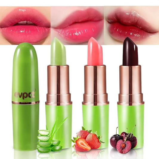evpct 3Pcs Magic Color Changing Lipstick 24 Hours Original for Women Lasting Waterproof, Aloe Vera Strawberry Black Red Cherry PH Mood Permanent Hardpointing color changing Lipstick Tinted Lip balms-Velvo Beauty