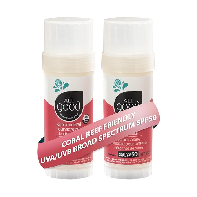 All Good Baby & Kids Mineral Sunscreen Butter Stick for Face, Nose, Ears - UVA/UVB Broad Spectrum SPF 50, Coral Reef Friendly, Water Resistant, Zinc Oxide, Vitamin E (2.75 oz)(2-Pack)-Velvo Beauty