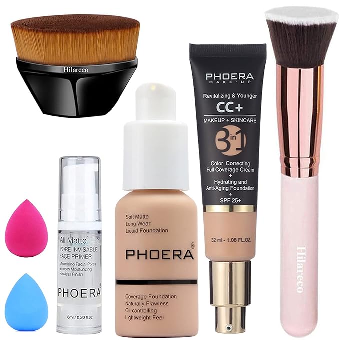 PHOERA Foundation,PHOERA CC+ Cream Color Correcting Anti Aging Hydrating Serum &SPF 25+,PHOERA Primer, PHOERA Makeup, Kabuki Makeup Brushes Foundation Brush Powder (103 Warm peach+120 Nude CC Cream)-Velvo Beauty