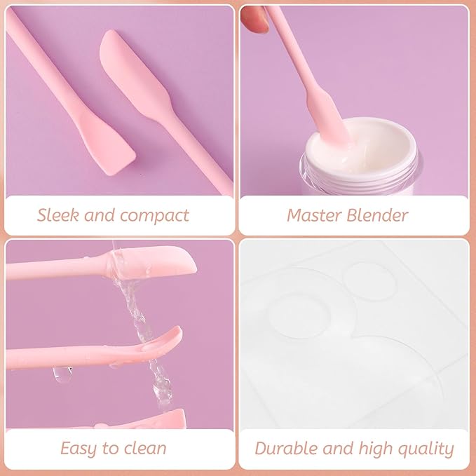 Makeup Mixing Palette Spatula Set, 2PCS Mini Acrylic Makeup Palette & 2PCS Silicone Skincare Spatula, Cream Foundation Palette for Mixing and Save Cosmetics (Pink,Square+Heart)-Velvo Beauty