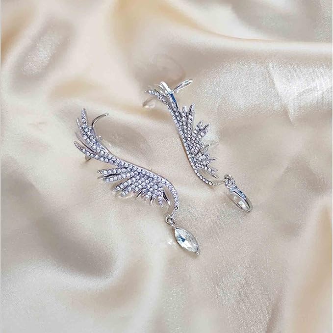 Boho Crystal Angel Wing Earrings Silver Rhinestone Wing Earrings Cz Crystal Ear Climber Earrings Guardian Wing Clip on Earrings Jewelry for Women and Girls Gifts-Velvo Beauty