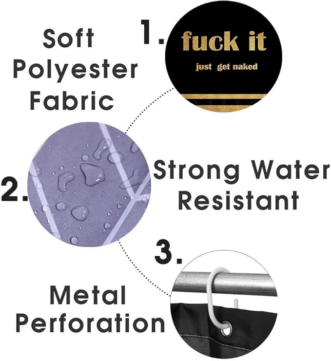 4PCS Gold Glitter Get Naked Shower Curtain Set, Funny Quote Stripe Luxury Glam Modern Dorm Bathroom Decor, Waterproof Fabric Black Shower Curtain, Non-Slip Bath Mat Toilet Rug, Just Get Naked-Velvo Beauty