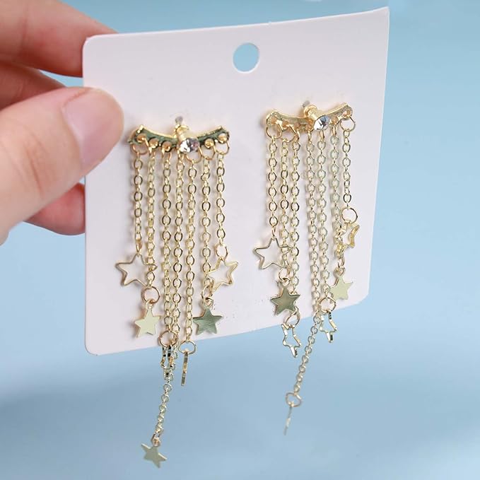 Boho Star Chain Tassel Earrings Gold Star Dangle Earrings Long Chain Drop Earrings Tiny Star Fringe Chain Earrings Jewelry for Women and Girls-Velvo Beauty