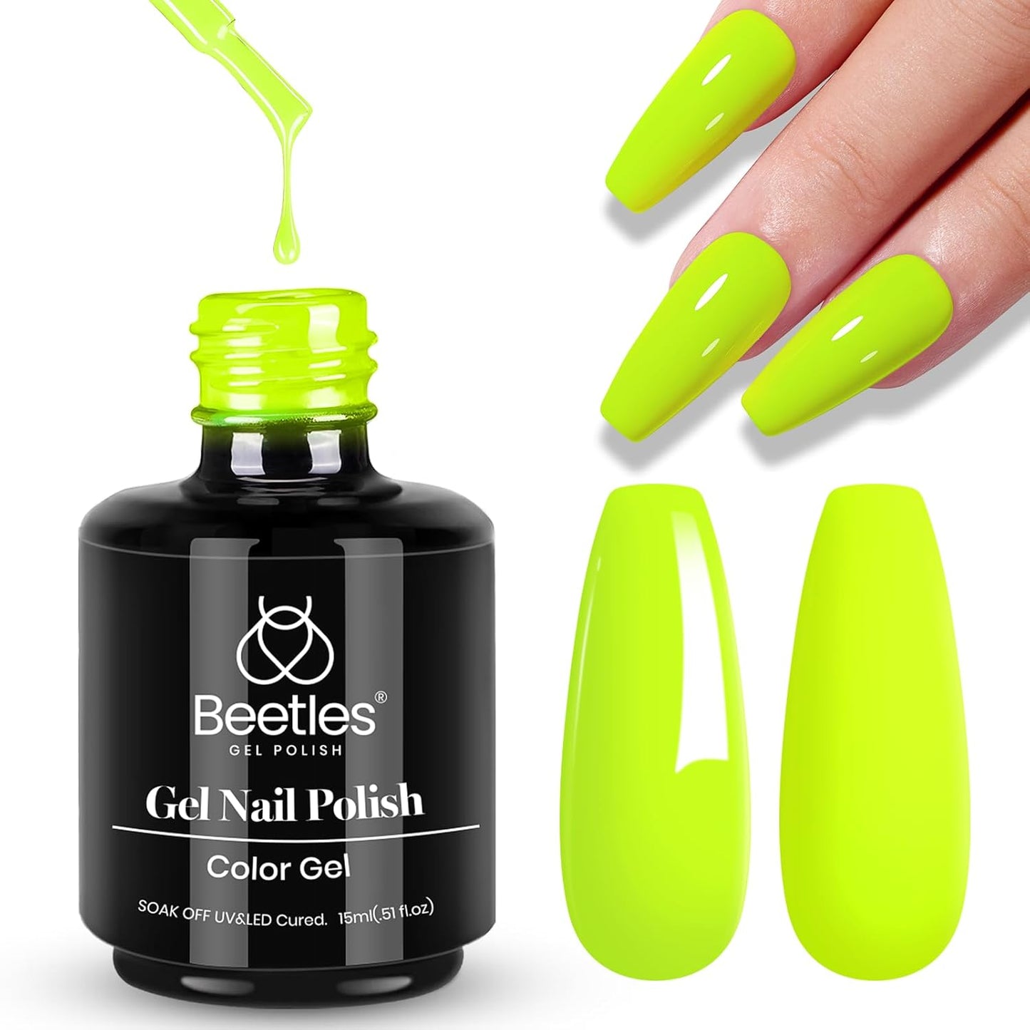 Beetles Neon Yellow Gel Nail Polish, Bright Yellow Lala Lime Color Neon Gel Polish Halloween Soak Off Uv Led Nail Lamp Gifts for Women -Size: 15 ml/Each-Velvo Beauty