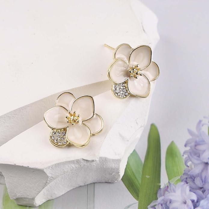 Vintage Enamel Flower Stud Earrings Camellia Flower Earrings Gold Crystal Flower Petal Earrings White Petal Stud Earrings Jewelry for Women-Velvo Beauty
