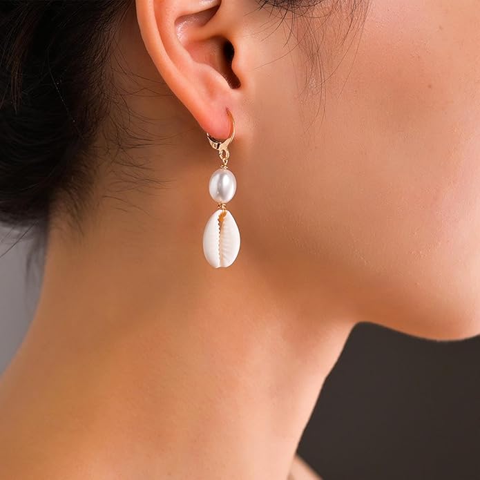 Boho Shell Drop Earrings Vintage Gold Star Shell Dangle Earrings Statement Cowrie Shell Hook Earrings Summer Beach Seashell Earrings Jewelry for Women-Velvo Beauty