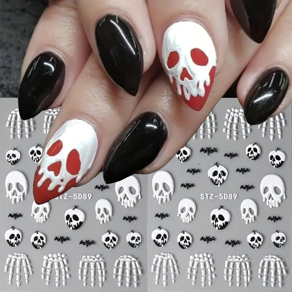 2 Pcs Halloween Nail Art Stickers 5D Embossed Scary Skull Self-Adhesive Nail Decals Halloween Stickers Bat Bones of The Dead Designs Nail Decorations Holiday DIY Acrylic Nail Accessories for Women-Velvo Beauty