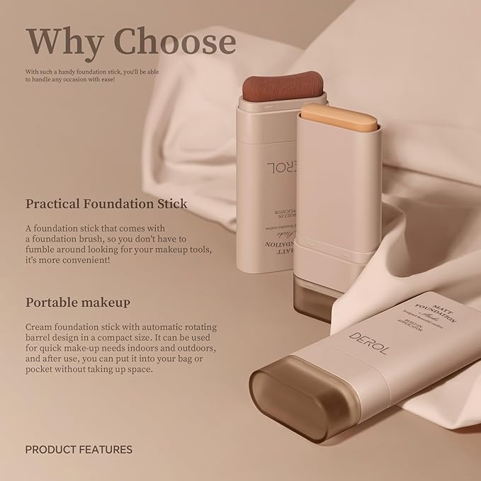 Foundation Stick, Multi-Use Foundation Stick Makeup with Built-In Foundation Brush, Lightweight Buildable Medium-to-Full Coverage, Longwear Contour Stick Foundation Face Stick, Natural Finish-Velvo Beauty