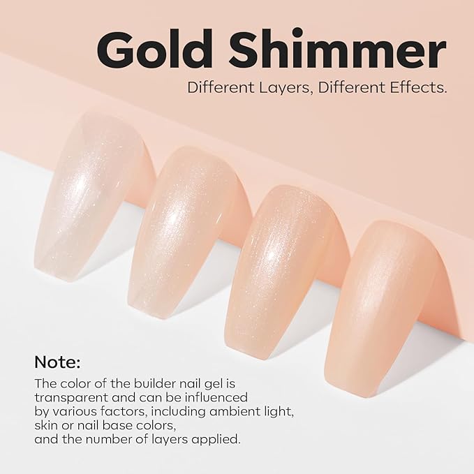 modelones Builder Nail Gel, 8-in-One Gold Shimmer Builder, Champagne Sparkle Glitter Rubber Color Base Gel Polish LED Lamp Cured, Apex Building Strengthener Extension for Home DIY Salon Girls-Velvo Beauty