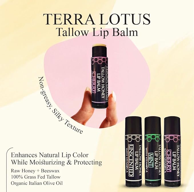 Tallow Lip Balm (3 Pack) - Hydrating With Organic Italian Olive Oil, Pure Grass Fed Tallow, and Beeswax - Long Lasting Lip Therapy (Mint)-Velvo Beauty