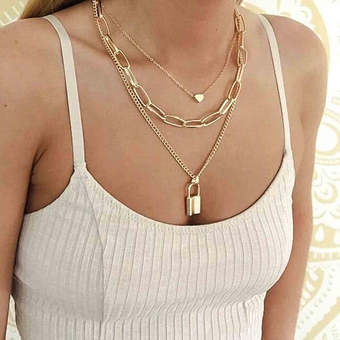 Punk Layered Heart Choker Necklace Gold Lock Pendant Necklace Chunky Paper Clip Chain Necklace Vintage Statement Necklace Chain Jewelry for Women and Girls Gift-Velvo Beauty