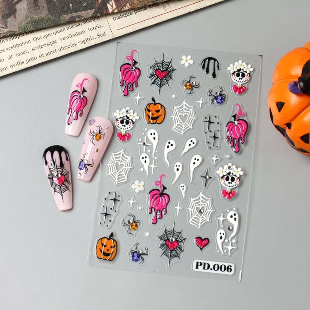 2Pcs Halloween Nail Stickers 5D Embossed Self Adhesive Day of The Dead Nail Decals with Cute Ghost Design Spider Web Pumpkin Nail Art Stickers Halloween Nail Supplies Nail Art Decoration for Women-Velvo Beauty