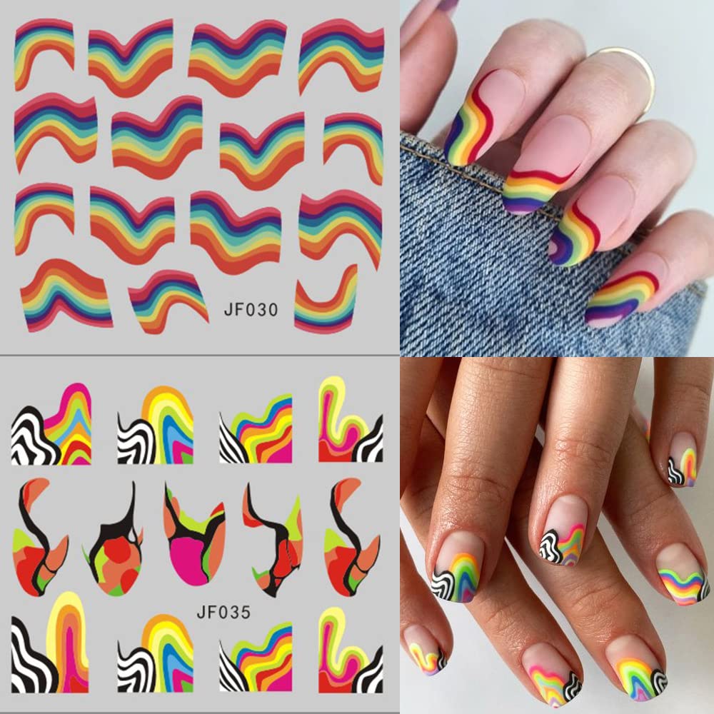 12 Sheets Colorful Stripes Nail Art Stickers Geometric Rainbow Wave Design Water Transfer Nail Decals for Nails Art Abstract French Pattern Acrylic Slider Nail Foils for Women Manicure Nail Decor-Velvo Beauty