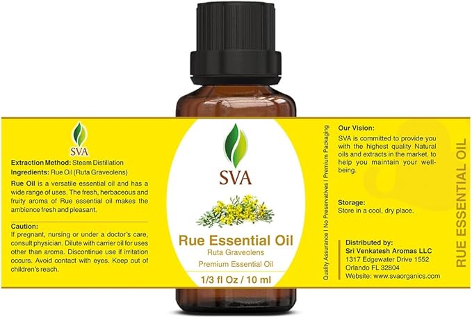 SVA Rue Essential Oil – 1/3 Fl Oz – 100% Natural Rue Oil - for Diffuser, Hair Care, Face, Skin Care, Aromatherapy, Scalp and Body Massage, Soap and Candle Making-Velvo Beauty