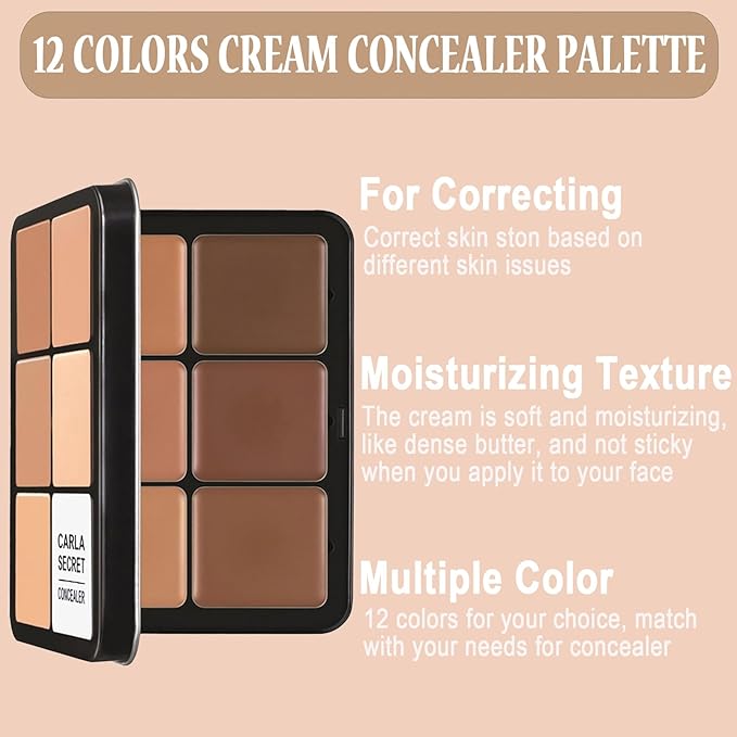 Cream Concealer Contour Palette, 12 Colors Foundation Palette Cream Makeup Palette with 11 Pcs Makeup Brush Set, Long Wearing Blendable Full Coverage-Velvo Beauty