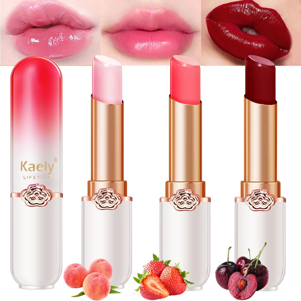 Kaely 3Pcs Peach Strawberry Red Cherry Hydrating Lipstick Tinted Lip Balm, Color Changing PH Lipstick Makeup, Korean Magic Lip Stain Long Lasting Waterproof, labiales magicos 24 horas originales-Velvo Beauty