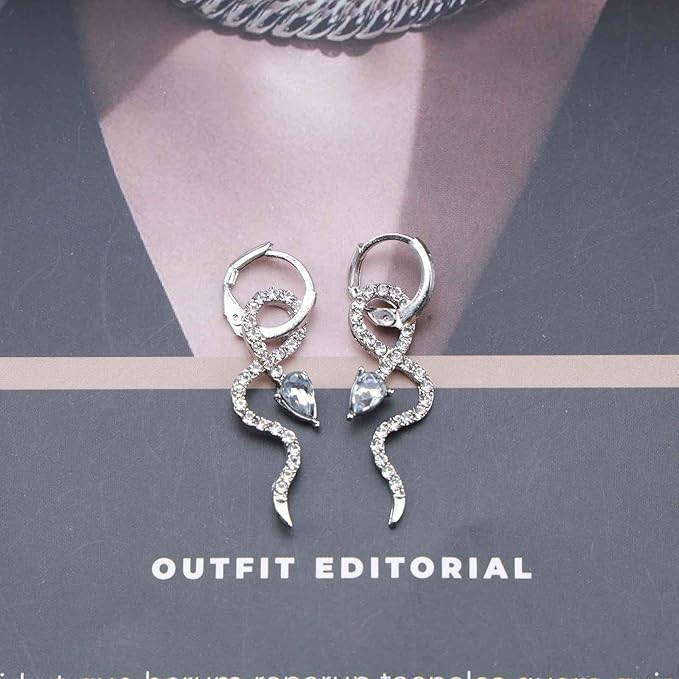 Gothic Crystal Snake Drop Earrings Silver Serpent Earrings Punk Snake Hoop Earrings Unusual Halloween Earrings Jewelry for Women and Girls-Velvo Beauty
