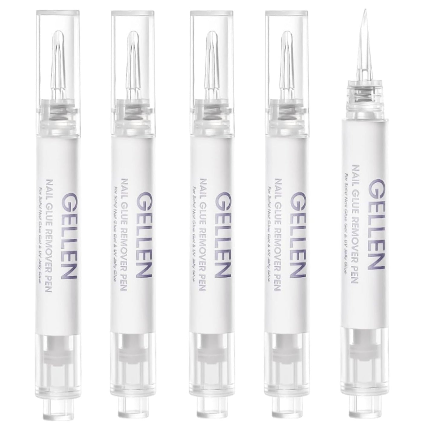 Gellen Nail Glue Remover 5 Pcs, Glue Remover Pen for Press on Nails, Non Acetone Press on Removal, 10s Quick Remove for Nail Tips Fake Nails Solid Glue Gel-Velvo Beauty
