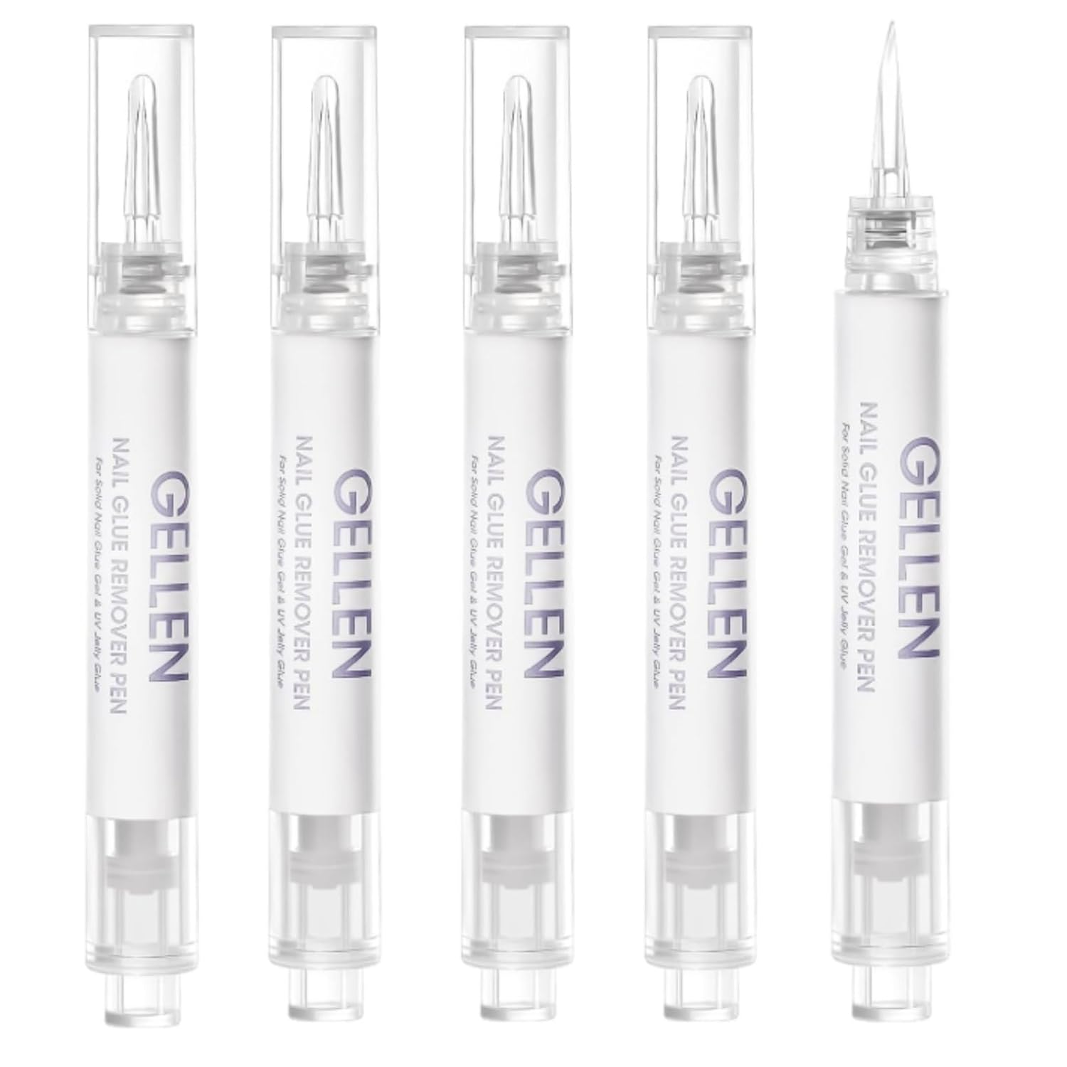 Gellen Nail Glue Remover 5 Pcs, Glue Remover Pen for Press on Nails, Non Acetone Press on Removal, 10s Quick Remove for Nail Tips Fake Nails Solid Glue Gel-Velvo Beauty
