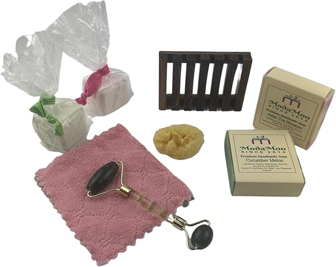 ModaMoo's Day Spa Gift Box Set. Cucumber Melon and Asian Tea Blossom Soaps, Jade Roller, Sea Sponge, and More-Velvo Beauty