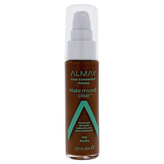 Almay Clear Complexion Makeup, Matte Finish Liquid Foundation with Salicylic Acid, Hypoallergenic, Cruelty Free, -Fragrance Free, Dermatologist Tested, 910 Mocha, 1.0 oz-Velvo Beauty