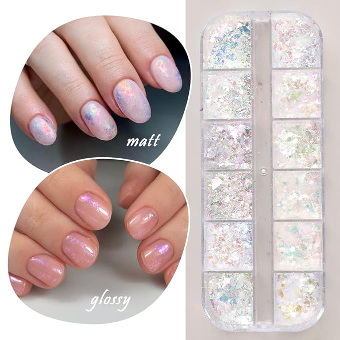 Holographic Iridescent Nail Art Nail Glitter KALEFUL Powder Aurora Foil Sequins Flakes Paillettes Designs Manicure Nail Decorations - 12 Grids-Velvo Beauty