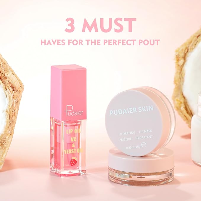 Pudaier 3Pcs Lip Care Kit with Coconut Lip Mask Caramel Lip Scrub Strawberry Lip Oil for Shiny and Nourishing Lips, Dry Lips Treatment, Moisturizing Lip Care For All Day Hydration-Velvo Beauty