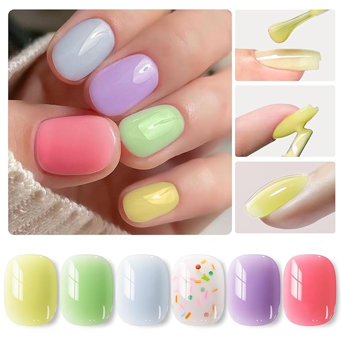 Born Pretty Jelly Pastel Gel Nail Polish 6 Colors Spring Summer Yellow Green Blue Purple Pink Candy Sweet Colors Apex Building Effect Gel Polish Kit Nail Art Gel Manicure Kit DIY at Home Salon Gifts-Velvo Beauty