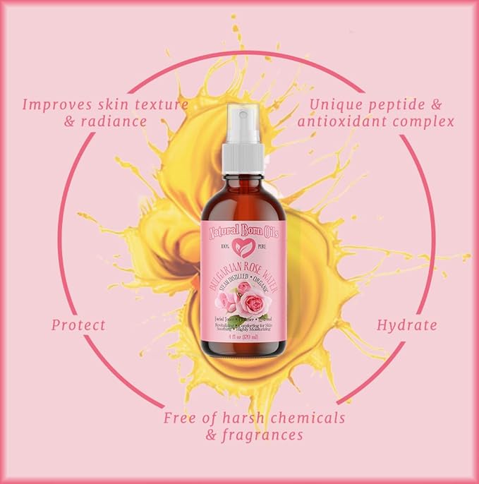 Natural Born Oils 8oz Rose Water Hydrosol, 100% Pure and Natural, Organic, Steam-distilled, Facial Toner Cleanser, with Sprayer, 8-Rose-Water-Velvo Beauty