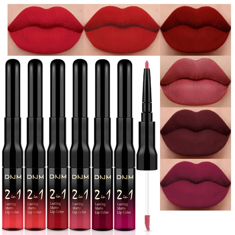 evpct 6Pcs Dark Red Mauve Purple Plum Matte Lip Stain Lip Liner and Lipstick Set Long Lasting Waterproof labiales matte mate larga duracion listip 24 hours a prueba de agua mate 24 horas originales-Velvo Beauty