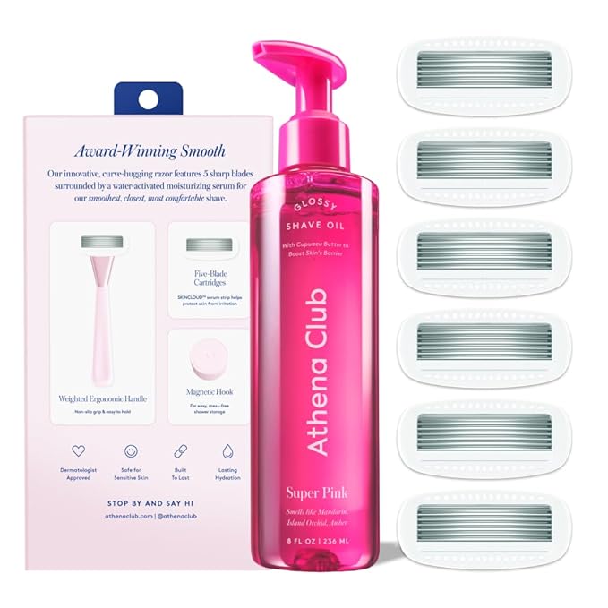 Women's Razor Shave Kit, 1 Rose Razor Handle + 6 Blade Refills + Super Pink Glossy Shave Oil-Velvo Beauty