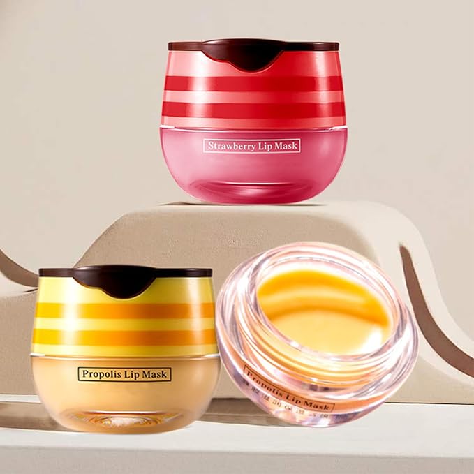 4 PCS Honey Lip Balm Pot, Honey & Strawberry Lip Sleeping Mask Vitamin E & Moisturizing Propolis Lip Balm with Stick, Prevention Dry and Cracked Lip Scrubs Exfoliator Lip Wrinkle-Velvo Beauty