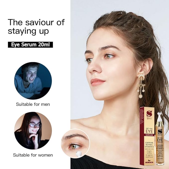 Caffeine Eye Serum Anti Aging, Retinol Eye Serum with 360° Massage Ball for Dark Circles and Puffiness, Deeply Moisturizing, Firms and Lifts Eye Skin, Enhance Skin Elasticity, Smooth Fine Lines-Velvo Beauty