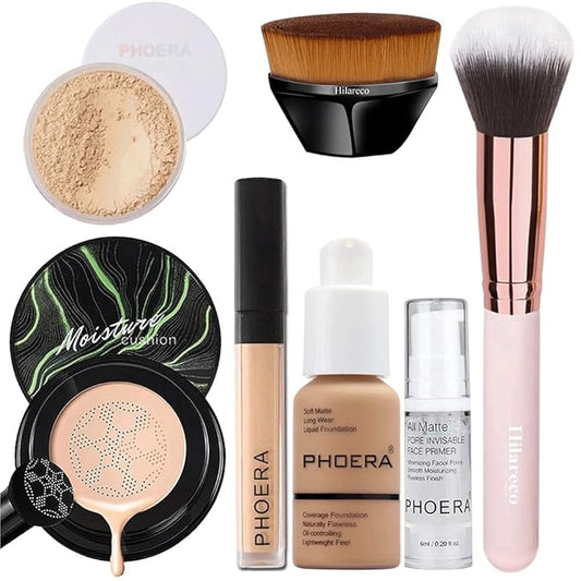 PHOERA Foundation Full Coverage Makeup, Mushroom Head Air Cushion CC Cream Natural Foundation Set,PHOERA Concealer, PHOERA Primer, PHOERA Powder, Foundation Brushes (105 Sand+ 05 Sand CC)-Velvo Beauty