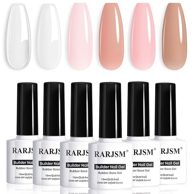 RARJSM Nude Rubber Base Gel Nail Polish Set Clear Sheer Milky White Opaque Pink Builder Base Gel in a Bottle Hard Extension Gel Skin Tone 6 Netural Colors Cured for Nails at Home Salon DIY Beginner-Velvo Beauty