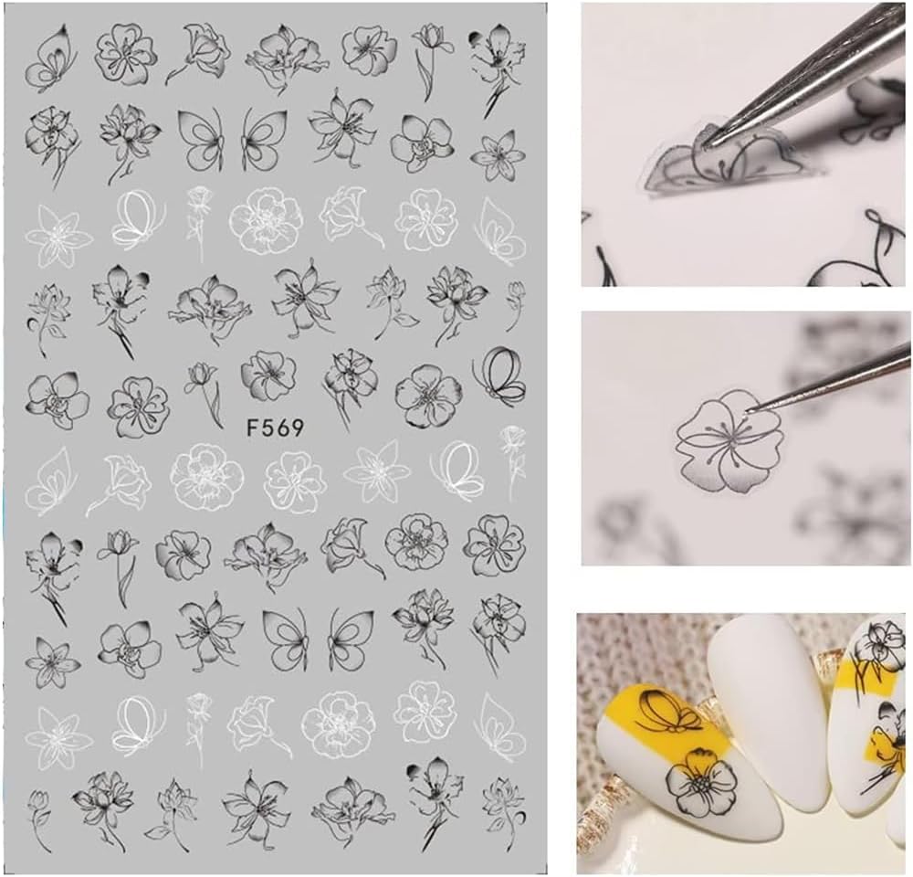 10 Sheets Black White Leaves Flower Nail Art Stickers 3D Self-Adhesive Retro Floral Vine Pattern Nail Decals Tropical Plants Mandala Leaf Geometry Transfer Decals Nail Art Decorations for Women Girls-Velvo Beauty