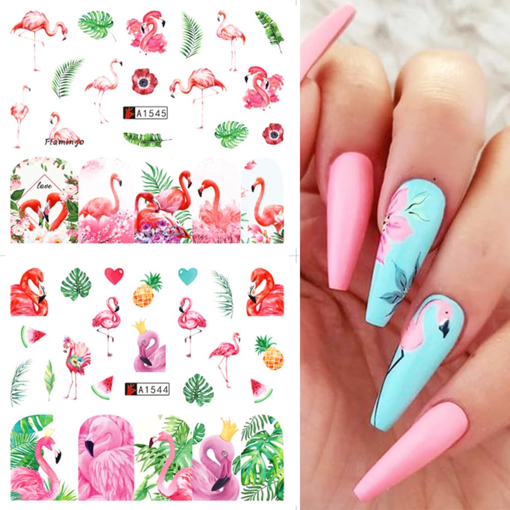 12 Sheet Flamingo Nail Art Stickers Cute Flamingo Green Leaf Design Water Transfer Nail Decals Summer Nail Art Decorations Waterproof Acrylic Nail Stickers for Women DIY Manicure Tips-Velvo Beauty