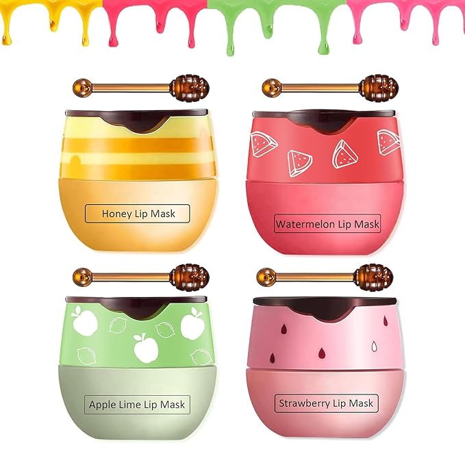 4 PCS Bee Lip Balm Honey Pot,Strawberry&Honey&Watermelon&Apple Lime Lip Sleeping Mask,Hydrating Prevention Dry and Cracked Lip Scrubs Exfoliator Lip Care,Moisturizing Lip Mask Overnight-Velvo Beauty