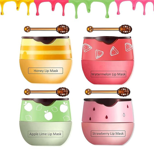 4 PCS Bee Lip Balm Honey Pot,Strawberry&Honey&Watermelon&Apple Lime Lip Sleeping Mask,Hydrating Prevention Dry and Cracked Lip Scrubs Exfoliator Lip Care,Moisturizing Lip Mask Overnight-Velvo Beauty