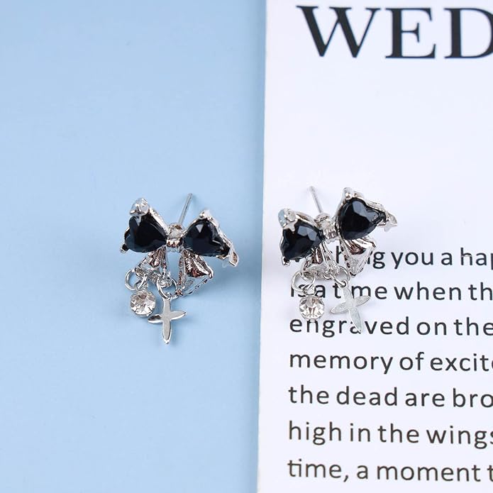 Vintage Crystal Bow Earrings Black Onyx Stud Earrings Silver Tiny Cross Drop Earrings Sparkly Cz Rhinestone Bow Earrings Jewelry for Women-Velvo Beauty