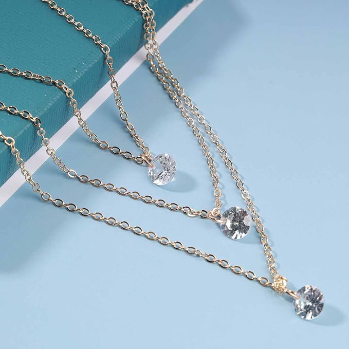 Boho Layered Crystal Necklace Choker Gold Bezel Pendant Necklace Multi Layering Vintage Necklace Chain Cz Bridal Necklace Chain Jewelry for Women and Girls-Velvo Beauty