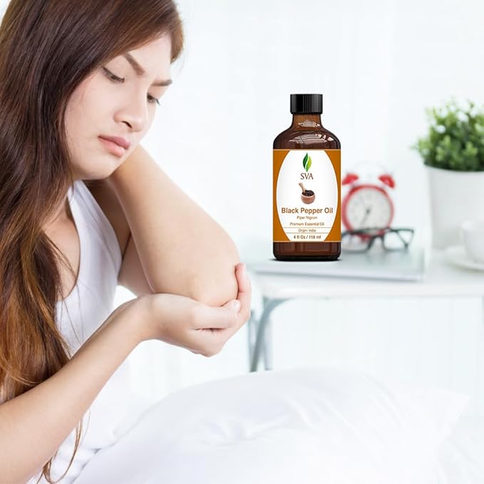 SVA Black Pepper Essential Oil – 4 Fl Oz – 100% Natural Black Pepper Oil - for Diffuser, Hair Care, Face, Skin Care, Aromatherapy, Scalp and Body Massage, Soap and Candle Making – with Dropper-Velvo Beauty